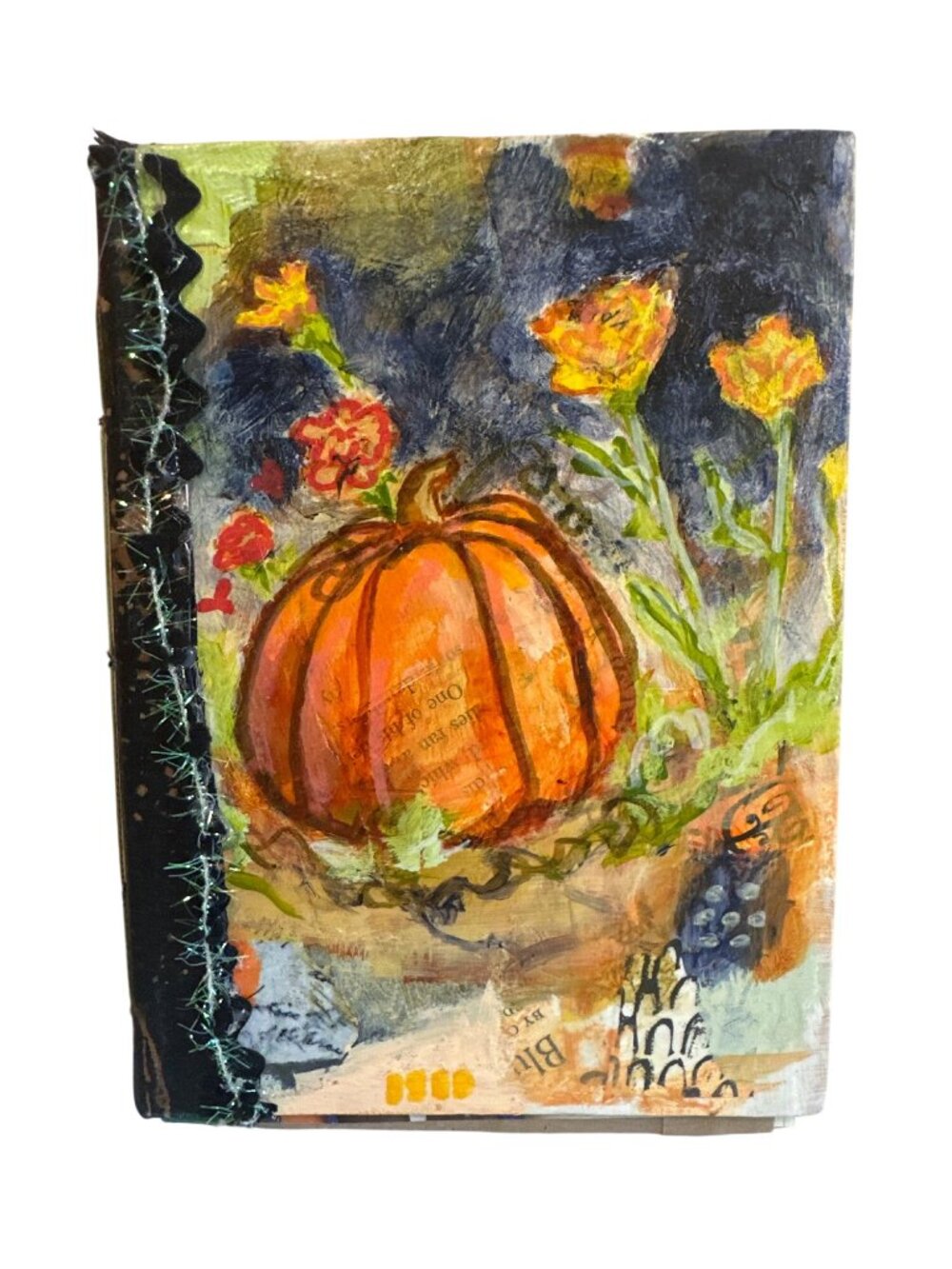 Handmade Halloween Junk Journal Fall Pumpkin & Crow Hand-Painted Art Cover